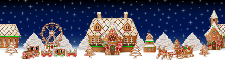 christmas seamless banner with gingerbread landscape