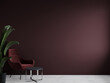 A room reception or living hall with an armchair. Deep burgundy marsala red color. Dark wine velvet maroon and light floor. An accent empty wall for art mockup background. 3d rendering