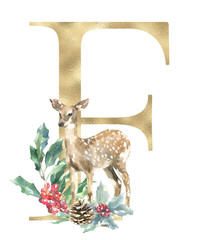 Christmas alphabet illustration, watercolor GOLD letter F. Woodland winter forest animal,stag, fawn, poinsettia, holly berry. Floral animal alphabet for holiday greeting card, invite,monogram diy