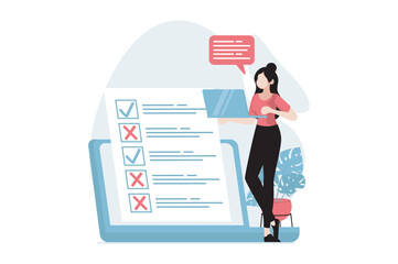 Poster - Online survey concept with people scene in flat design. Woman marking answers in questionnaire, fills voting form, leaving her user experience. Vector illustration with character situation for web