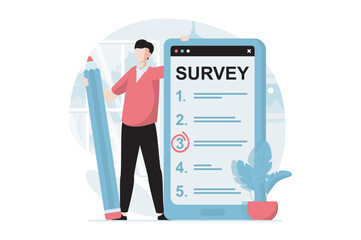 Fototapete - Online survey concept with people scene in flat design. Man marking answers in questionnaire, filling digital form for test using mobile app. Vector illustration with character situation for web