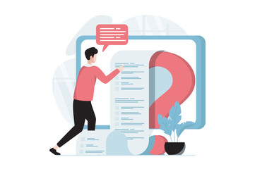 Fototapete - Online survey concept with people scene in flat design. Man answers questions in digital questionnaire, filling testing roll form using computer. Vector illustration with character situation for web