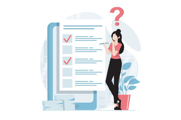 Fototapete - Online survey concept with people scene in flat design. Woman thinking and choosing answers for questions in digital questionnaire using app. Vector illustration with character situation for web