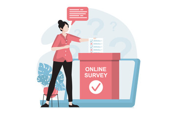 Poster - Online survey concept with people scene in flat design. Woman participates in voting, marks choice on form and answers questions in questionnaire. Vector illustration with character situation for web