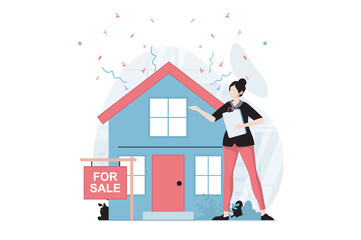 Leinwandbilder - Real estate concept with people scene in flat design. Woman working as realtor, puts house for sale and making profitable deal and earning money. Vector illustration with character situation for web