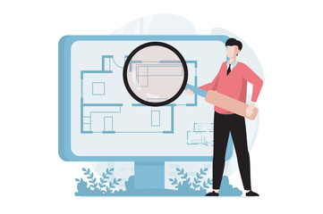 Wall Mural - Real estate concept with people scene in flat design. Man with huge magnifier studies house blueprint or apartment plan before choosing and buying. Vector illustration with character situation for web