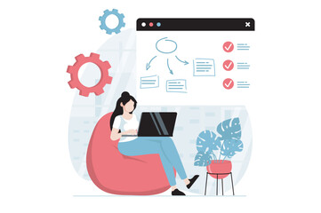 SaaS concept with people scene in flat design. Woman buys software as a service and uses cloud technology to manage files and optimization process. Vector illustration with character situation for web