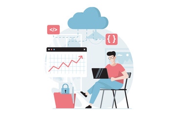 Poster - SaaS concept with people scene in flat design. Man uses cloud technologies to exchange data, analyzing data and cloud computing for subscription. Vector illustration with character situation for web