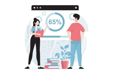Leinwandbilder - SaaS concept with people scene in flat design. Woman and man work with programs by buying subscription, using cloud storage and data protection. Vector illustration with character situation for web