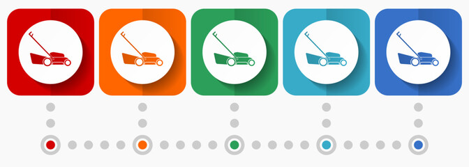 Poster - Lawn mower vector icons, infographic template, set of flat design symbols in 5 color options
