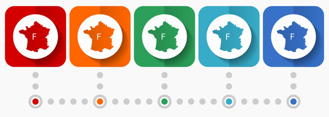 Leinwandbilder - Map of France vector icons, infographic template, set of flat design symbols in 5 color options