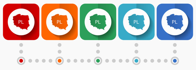 Leinwandbilder - Map of Poland vector icons, infographic template, set of flat design symbols in 5 color options