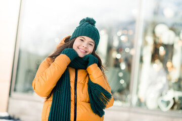 Sticker - Photo of dreamy positive schoolgirl wear windbreaker jacket arms hands scarf outside urban city street