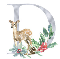 Christmas alphabet illustration, watercolor silver letter D. Woodland winter forest animal,stag, fawn, poinsettia, holly berry. Floral animal alphabet for holiday greeting card, invite,monogram diy