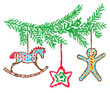 Christmas rocking horse gingerbread man, star with fir branch. Holiday decor, tree and snow. Hand drawing cute cartoon background. Crayon, pastel chalk, kid pencil funny doodle simple vector stroke