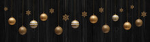 Christmas Celebration Holiday Banner Template Greeting Card Panorama Background - Group Of Hanging Gold Golden Christmas Balls Christmas Baubles And Ice Crystals, Isolated On Black Wooden Wall Texture