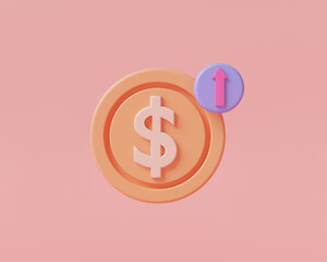 Coin money and red up arrow on pink background. Economic growth, Financial success, business money investment, coin up, save money. Money growth concept. 3d icon render illustration, cartoon minimal