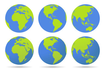 Wall Mural - 3D spatial and simple flat blue green world map illustration in a globe shape isolated on the background. Vector icon set of globes of earth