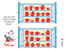 Logic Puzzle For Children And Adults. Can You Find Which Of Dishes Did The Cat Break? Educational Game. Page For Kids Brain Teaser Book. Task For Attentiveness. IQ Test. Play Online. Cartoon Vector.