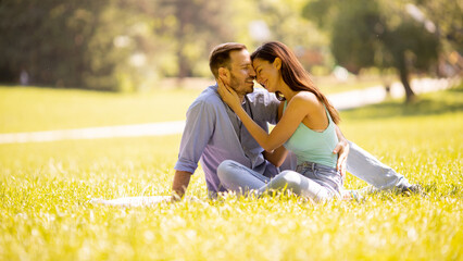 Wall Mural - Happy young couple in love at the grass field