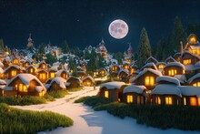 3D Rendered Winter Snow Scene Cold And Serene New For Winter 2023. Santa's Village In The North Pole With A Full Moon Over It At Night. Beautiful And Scenic Idyllic Christmas Village