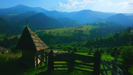 Poster - Carpathian landscape behind the timber chapel of Transfiguration Monastery in Dzembronia village, Ukraine