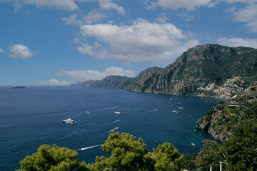 Wall Mural - Panoramic view of beautiful Amalfi Positano on hills leading down to coast, Campania, Neaples, Italy. Amalfi coast is most popular travel and holiday destination in Europe.