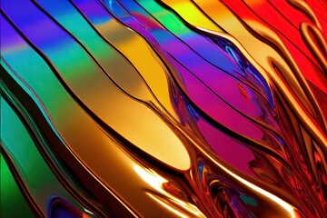 3D rendered computer generated image of a liquid metal rainbow. Bright and colorful polychromatic texture with metallic finish to look like metal paint splatters for a multi-colored 3D shaded look