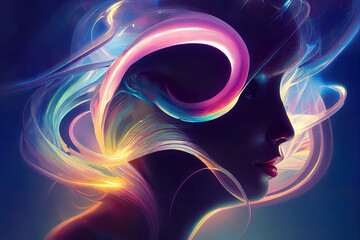 Wall Mural - abstract background beautiful woman head with colorful glowing lights