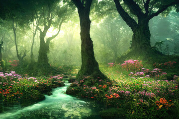 Wall Mural - Fantasy dreamy misty forest, forest in the garden of Eden