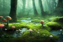 Beautiful Fantasy Forest Foliage Background, Close-up Photo, Colorful Mushrooms And Flowers