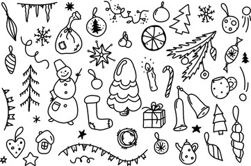 Set of black vector New Year's drawings on a transparent background. Elements for Christmas decor - cards, wrappers, patterns. Festive theme, naive style.