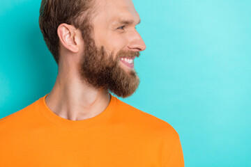 Wall Mural - Profile photo of funny beard guy look promotion wear orange t-shirt isolated on teal color backgroiund