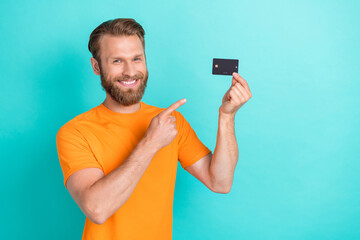 Sticker - Photo of funky beard guy index card wear orange t-shirt isolated on teal color backgroiund