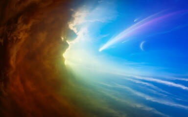 Wall Mural - amazing unreal background: giant colorful comet and crescent moon in blue sky, on opposite side of i