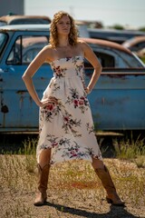 Wall Mural - Young Caucasian female in a floral dress and boots posing in an auto wrecking yard