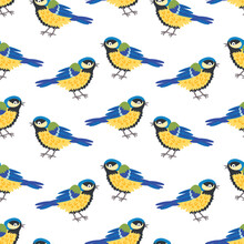 Seamless Pattern Bird Titmouse Background For Kids. Cute Children Design Template. Bright Icons For Textile, Wrapping Paper, Greeting Cards Or Posters For Kindergarten
