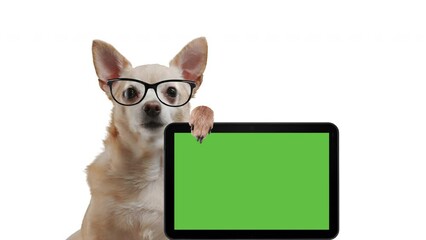 Funny cute dog is showing a notebook screen. Laptop green screen. Chroma key for mock up. Smart programmer coder is using computer. Funny pet in nerd glasses. Alpha channel included in video file