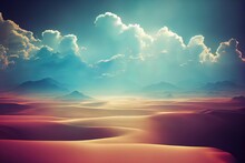  A Desert Landscape With A Blue Sky And Clouds Above It And A Sunbeam In The Distance With A Few Clouds.