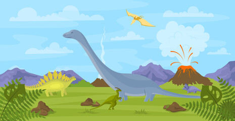 Canvas Print - Cartoon Color Dinosaurs on a Landscape Scene Volcano with Lava Concept Flat Design Style. Vector illustration of Brontosaurus