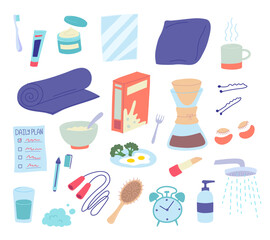 Sticker - Cartoon Color Morning Routine Elements Icons Set Flat Design Style Include of Coffee, Mirror and Toothbrush. Vector illustration