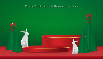 Wall Mural - Christmas and Chinese New Year background with 3d podium,rabbits,Christmas trees paper cut on green background,X mas pine fir lush tree. Vector Winter holiday composition for Greeting card, banner