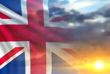 National Flag Of United Kingdom On Sunset Or Sunrise. Lowered UK Flag. 3d-image