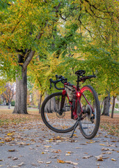 Touring bike in an alley of old American elm trees in fall colors scenery - historical Oval of Colorado State University campus, landmark of Fort Collins, recreation and commuting concept