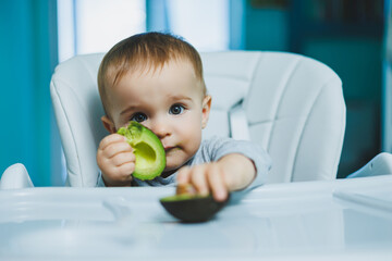 Little adorable baby eating avocado. Vitamin and healthy food for small children. Portrait of beautiful child of 8 months