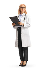 Sticker - Full length portrait of a smiling female doctor holding a clipboard