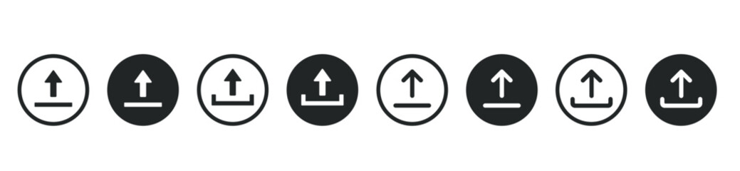 Poster - Upload download button icon. Upload icon. Down arrow bottom side symbol. Click here button. Save cloud icon push button for UI UX, website, mobile application.