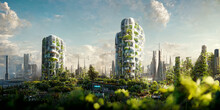 Futuristic Sci-fi Fantasy City Green Buildings With Trees, Plants On Buildings, And High-speed Train