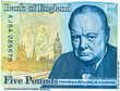 Detail of British five pounds banknote. Portrait of Sir Winston Churchill, Prime Minister of the United Kingdom