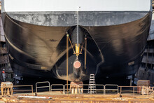 Keel Of A General Cargo Vessel In Floating Dock For Maintenance